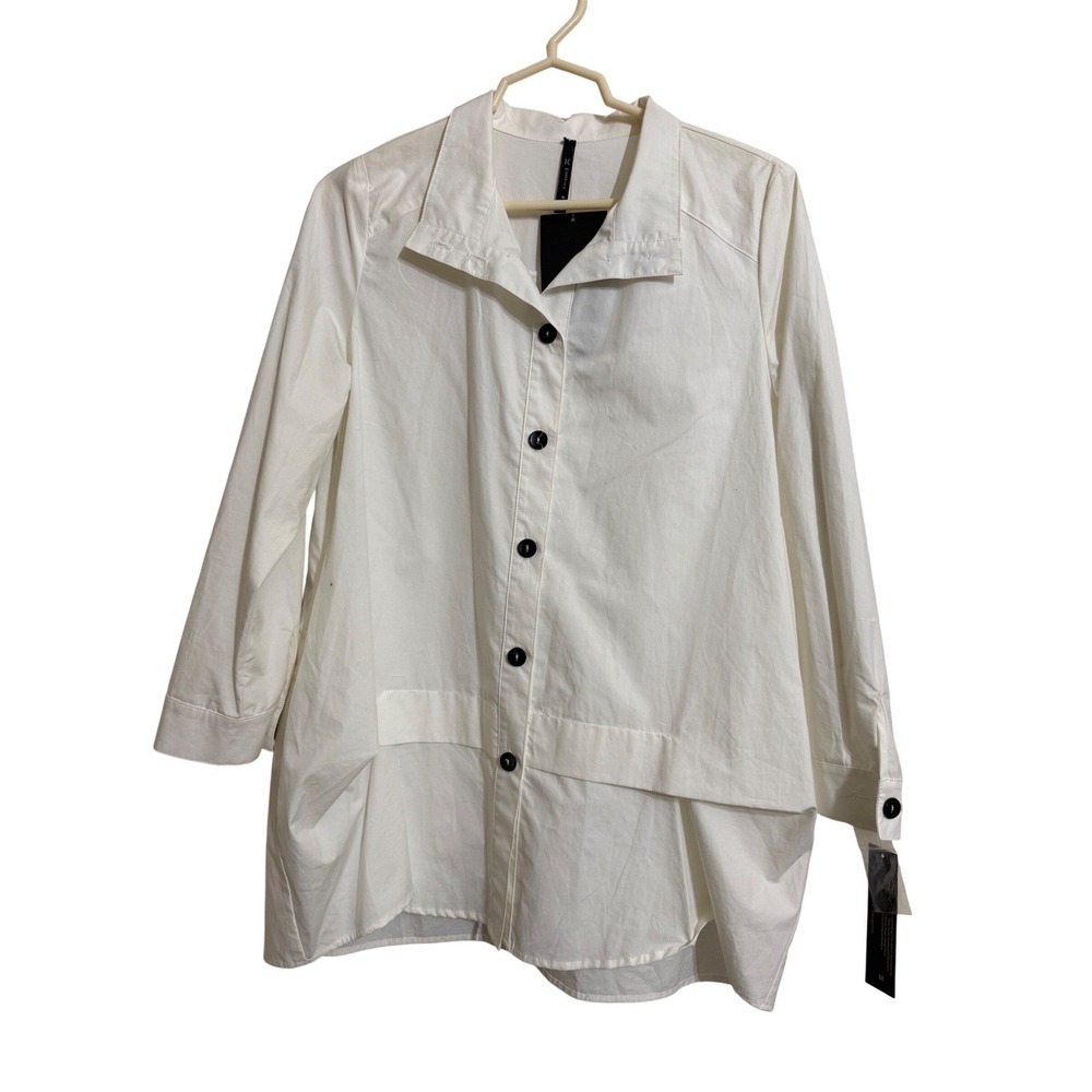 IC Collection Connie K White Button Down Asymmetrical Tunic Shirt Womens Medium